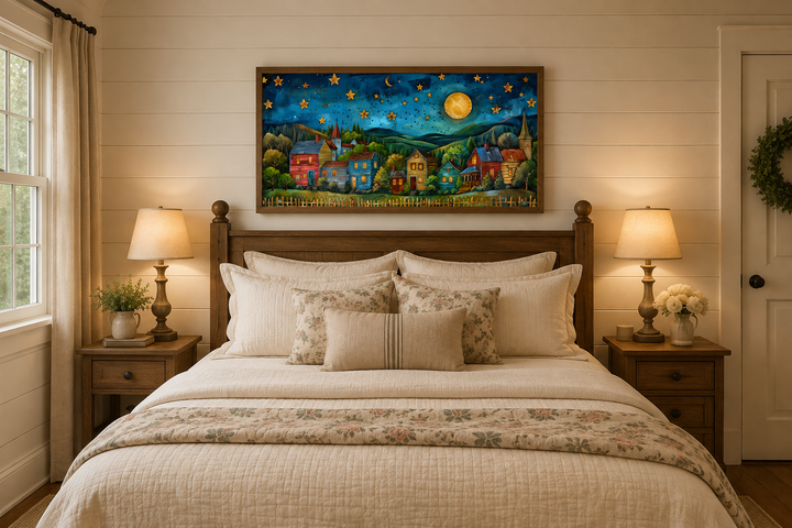Rustic village wall art featuring a starry night and moon above a bed in a farmhouse bedroom.