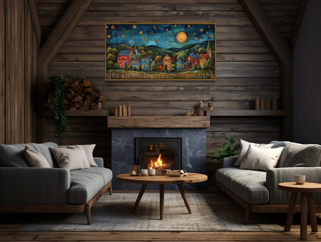 Rustic Village At Night Under Stars And Moon Rural Wall Art