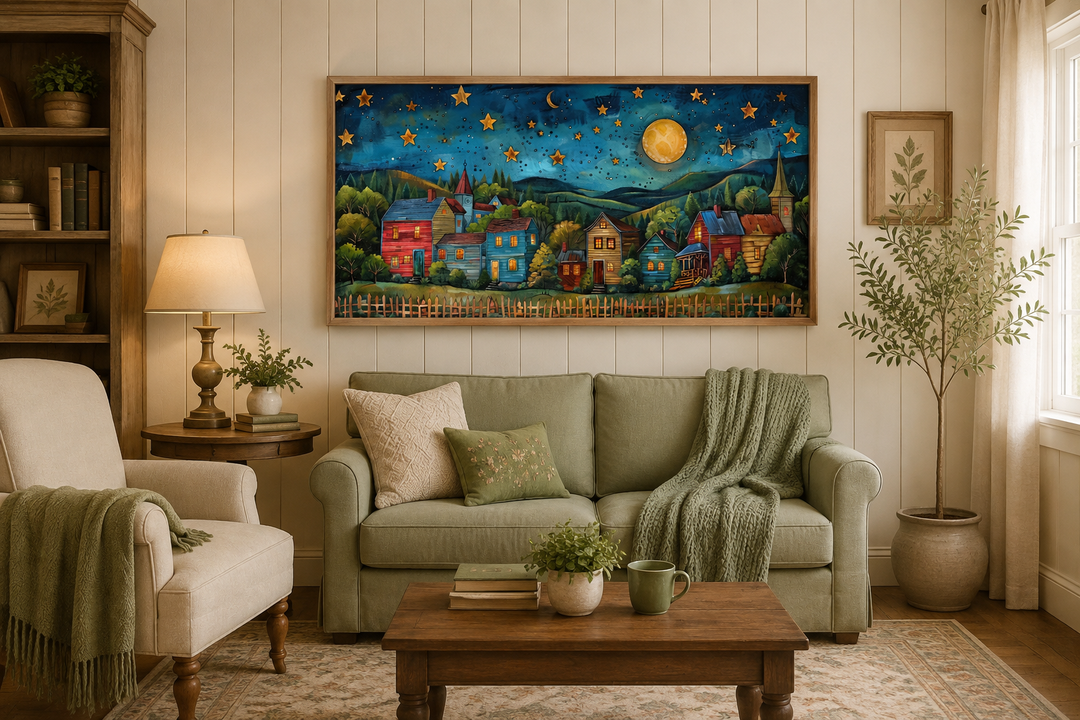 Rustic village wall art featuring a rural landscape under a starry night sky and full moon.