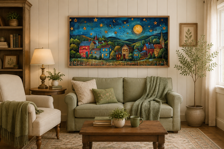 Rustic village wall art featuring a rural landscape under a starry night sky and full moon.