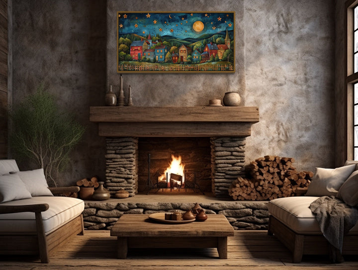 Rustic Village At Night Under Stars And Moon Rural Wall Art