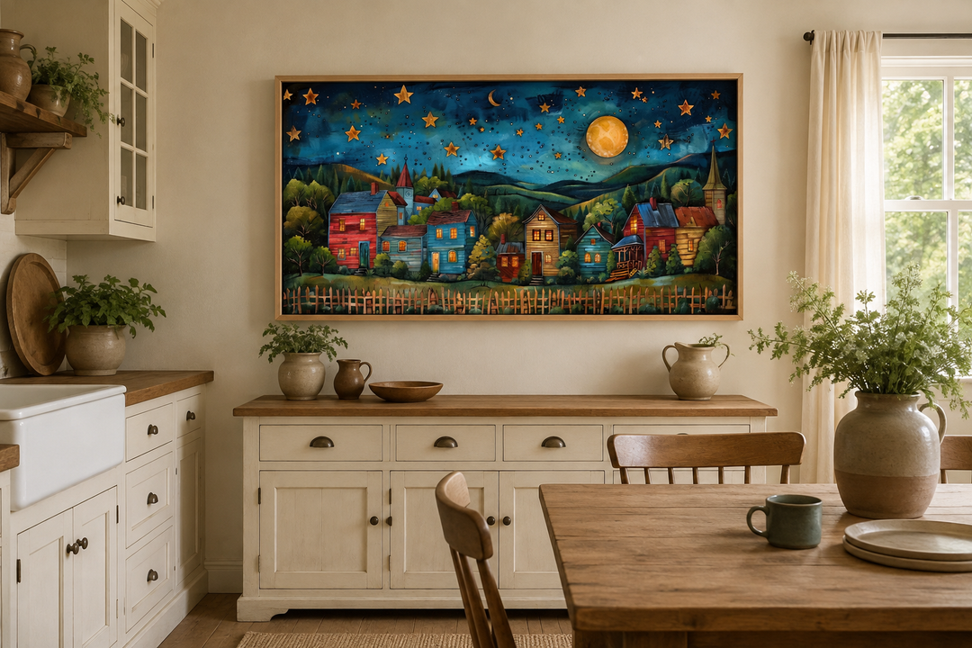 Rustic village wall art featuring a colorful rural landscape under a starry night sky and moon.
