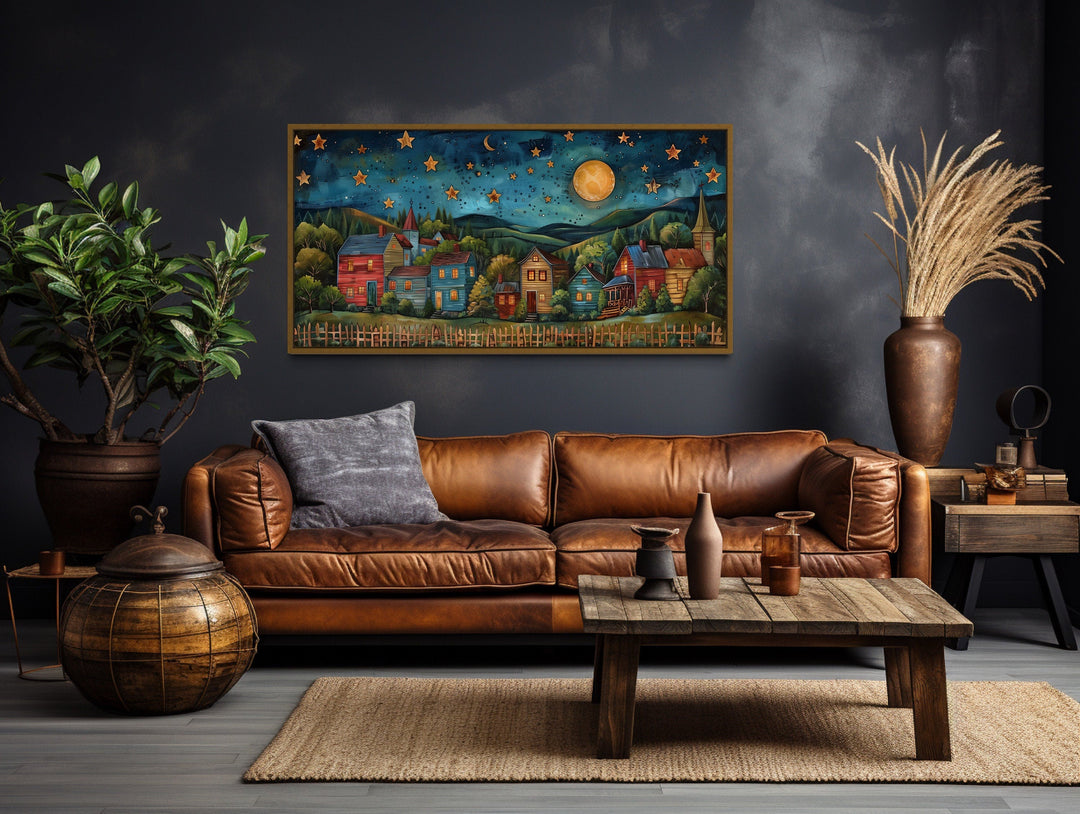 Rustic Village At Night Under Stars And Moon Rural Wall Art