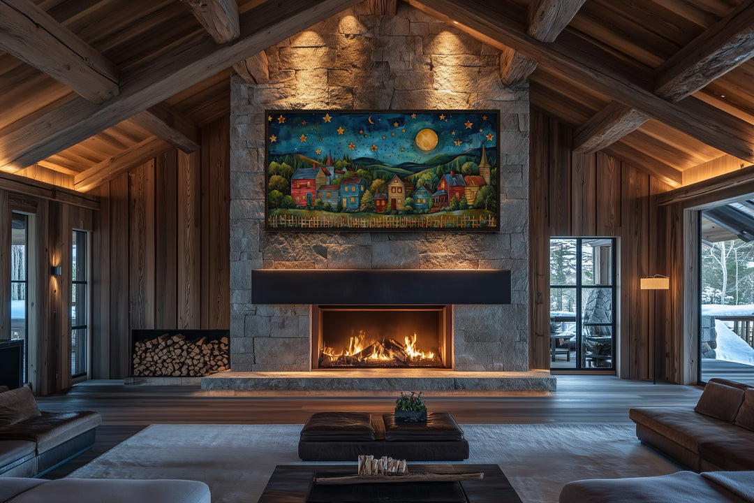 Rustic Village At Night Under Stars And Moon Rural Wall Art