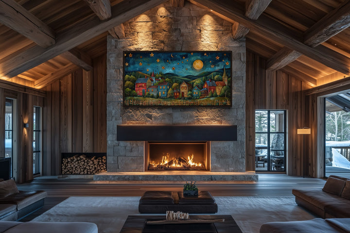 Rustic Village At Night Under Stars And Moon Rural Wall Art
