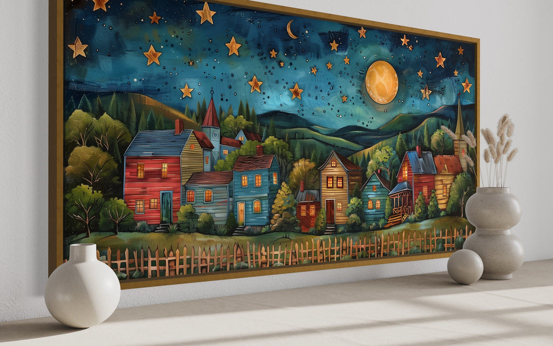 Rustic Village At Night Under Stars And Moon Rural Wall Art