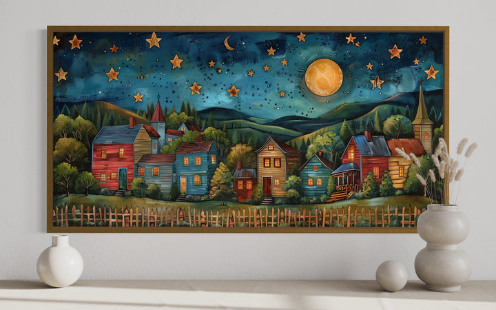 Rustic Village At Night Under Stars And Moon Rural Wall Art