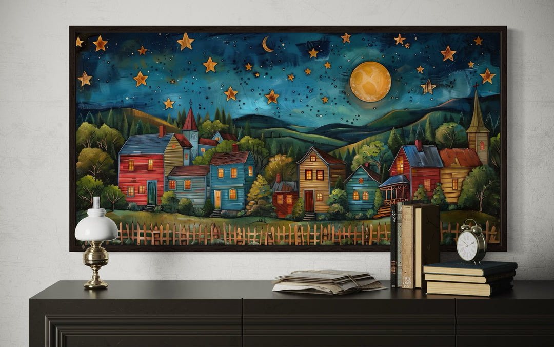 Rustic village wall art featuring a rural landscape under a starry night sky and full moon.