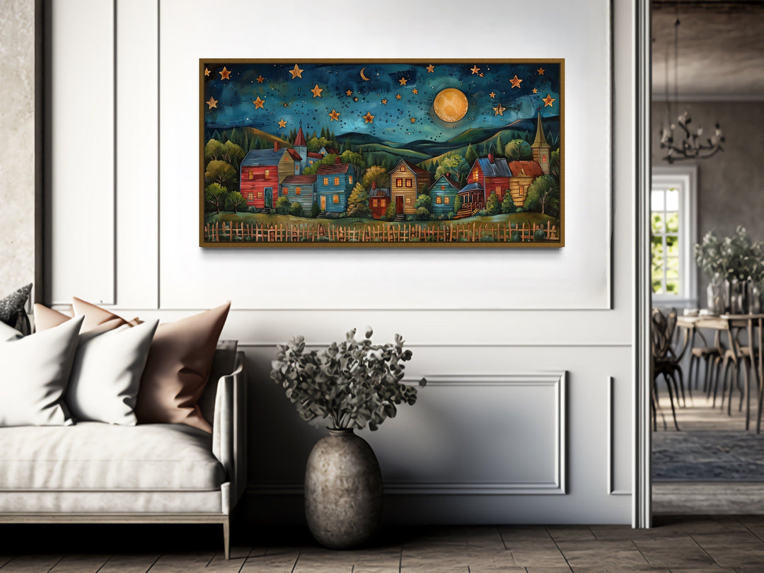 Rustic Village At Night Under Stars And Moon Rural Wall Art