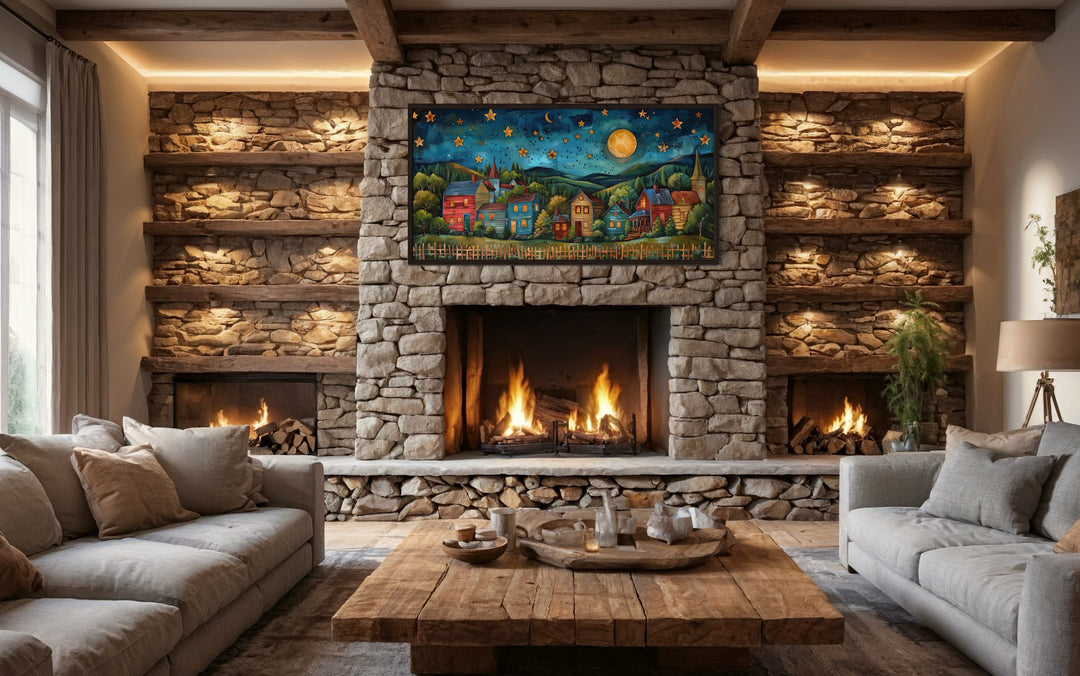 Rustic village wall art featuring a starry night sky above a fireplace in a stone-walled room.