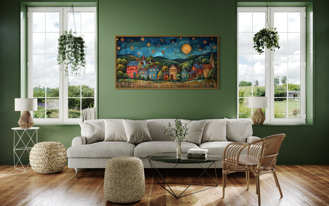 Rustic Village At Night Under Stars And Moon Rural Wall Art