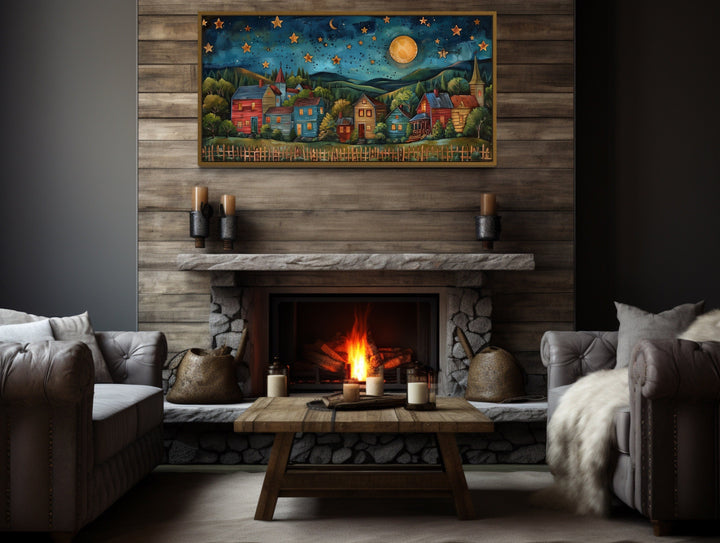 Rustic Village At Night Under Stars And Moon Rural Wall Art