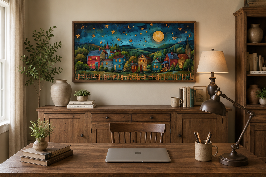 Rustic village wall art featuring a starry night sky and moon above a wooden sideboard and desk.