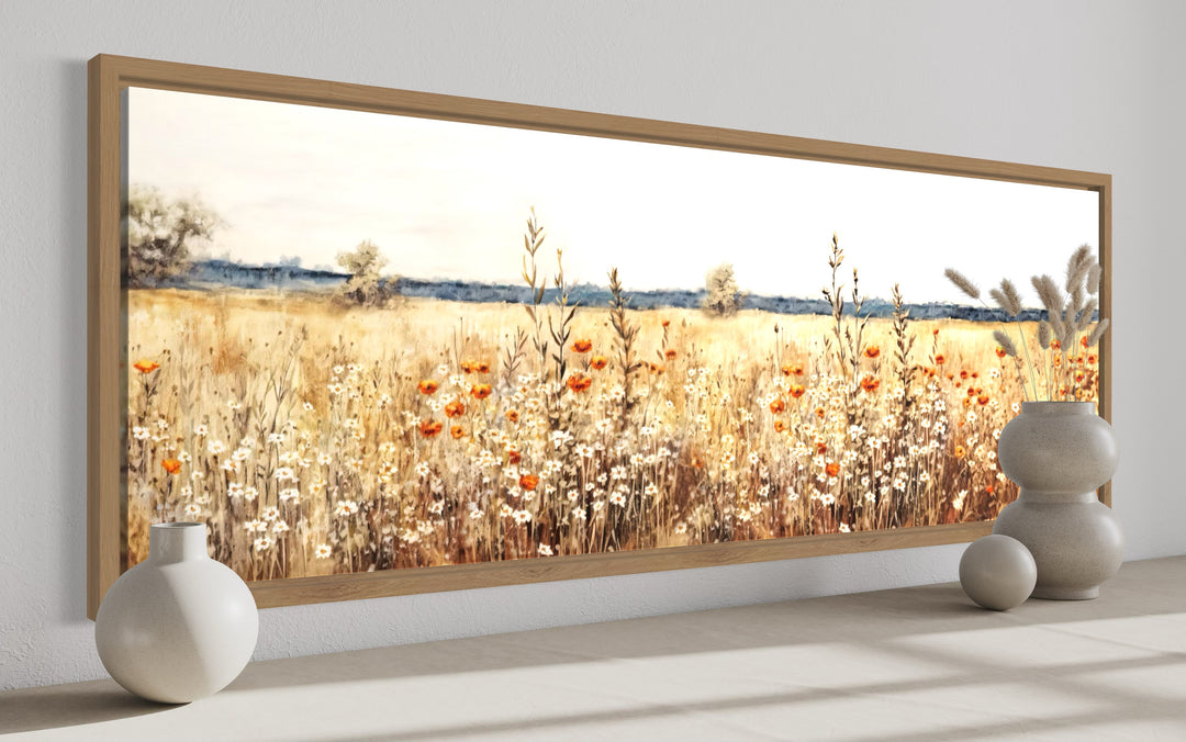 Panoramic horizontal canvas wall art featuring a rustic vintage yellow wildflower field.