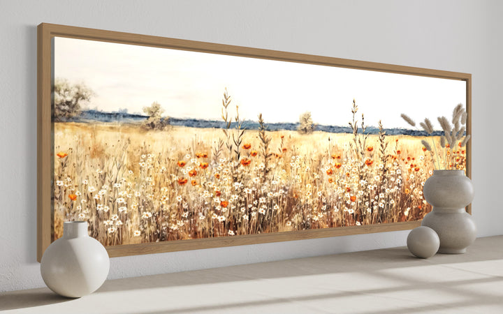 Panoramic horizontal canvas wall art featuring a rustic vintage yellow wildflower field.