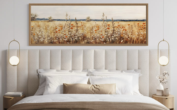 Rustic vintage yellow wildflowers field horizontal canvas wall art hanging above a modern bed.