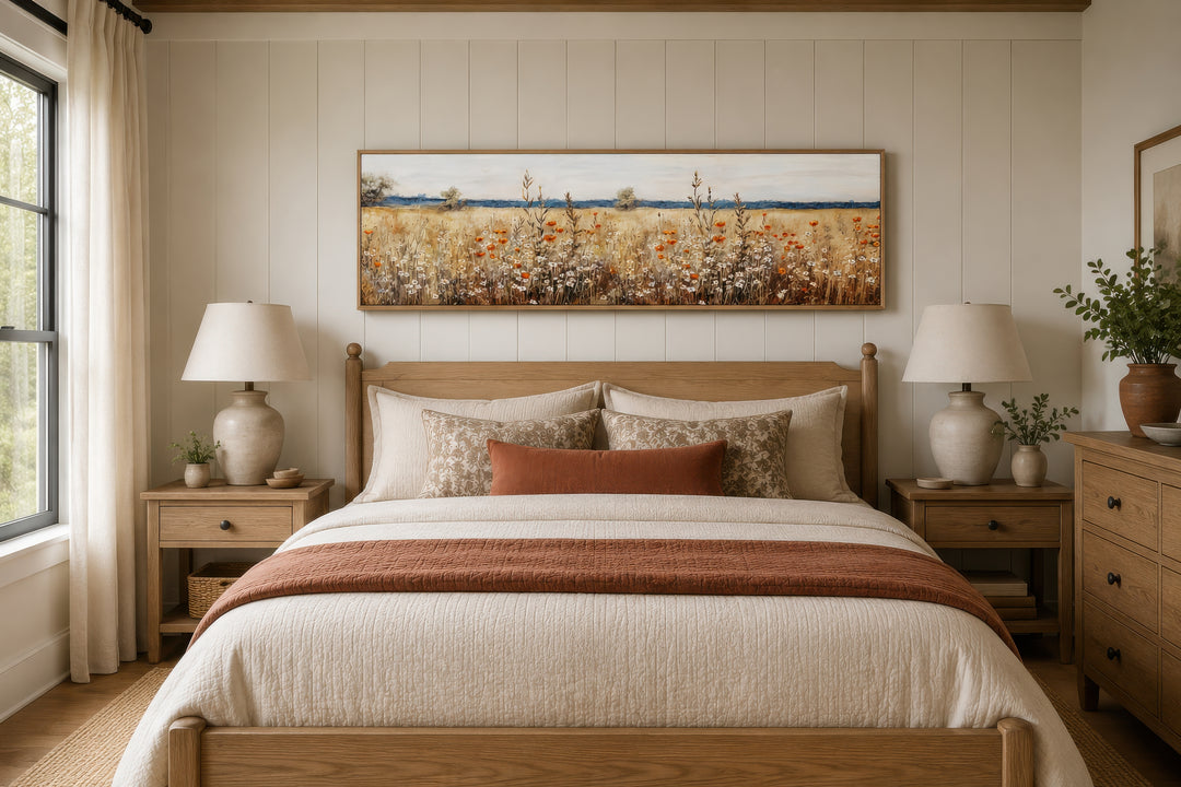 Rustic vintage horizontal canvas wall art featuring a field of yellow wildflowers above a bed.