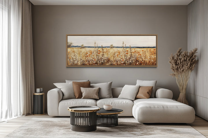 Rustic vintage horizontal canvas wall art featuring a field of yellow wildflowers over a sofa.