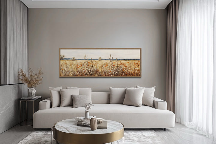 Rustic vintage horizontal canvas wall art featuring a field of yellow and orange wildflowers.