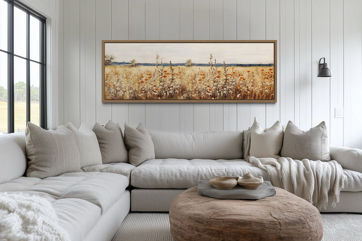 Horizontal canvas wall art of a rustic vintage yellow wildflower field in a wooden frame.