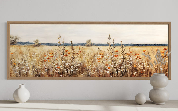 Rustic vintage horizontal canvas wall art featuring a field of yellow and white wildflowers.