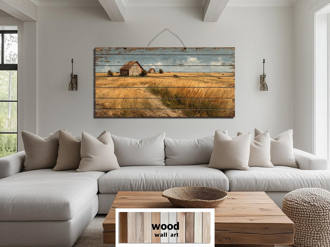 Rustic Wheat Field Barn Distressed Wood Wall Art