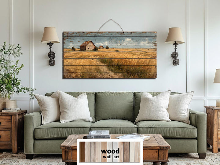 Rustic Wheat Field Barn Distressed Wood Wall Art