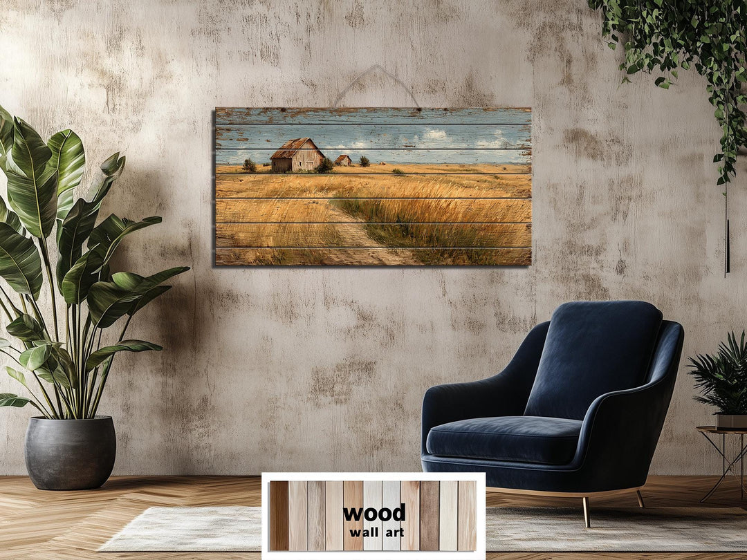 Rustic Wheat Field Barn Distressed Wood Wall Art
