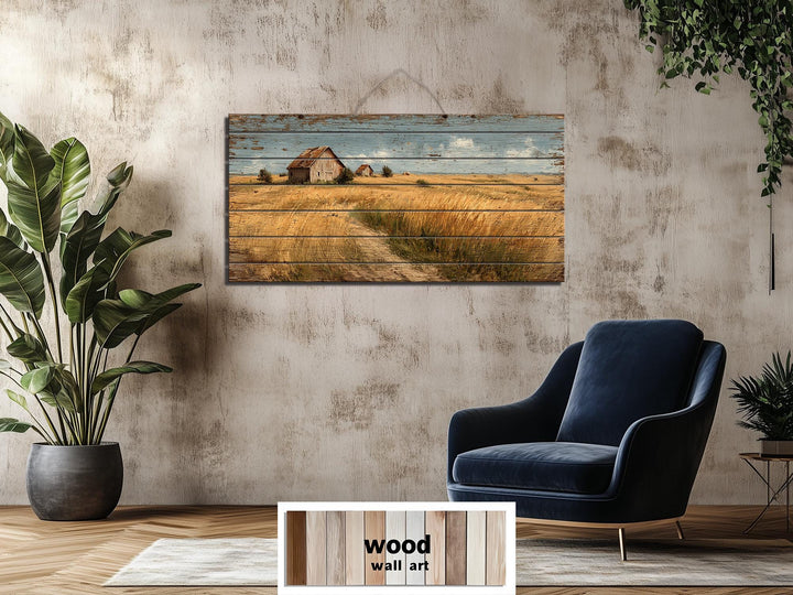 Rustic Wheat Field Barn Distressed Wood Wall Art