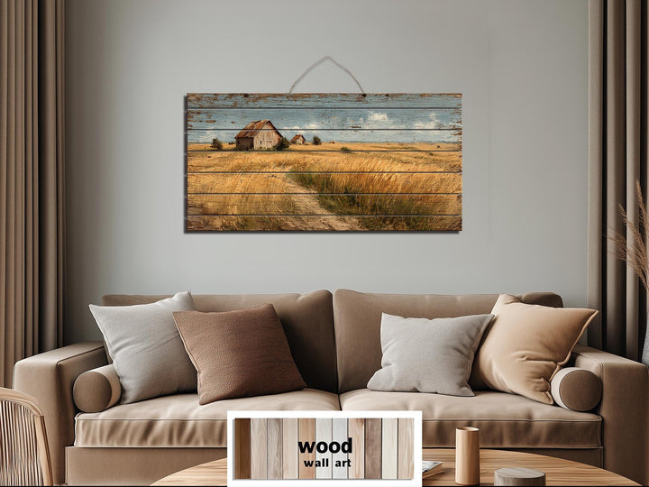Rustic Wheat Field Barn Distressed Wood Wall Art