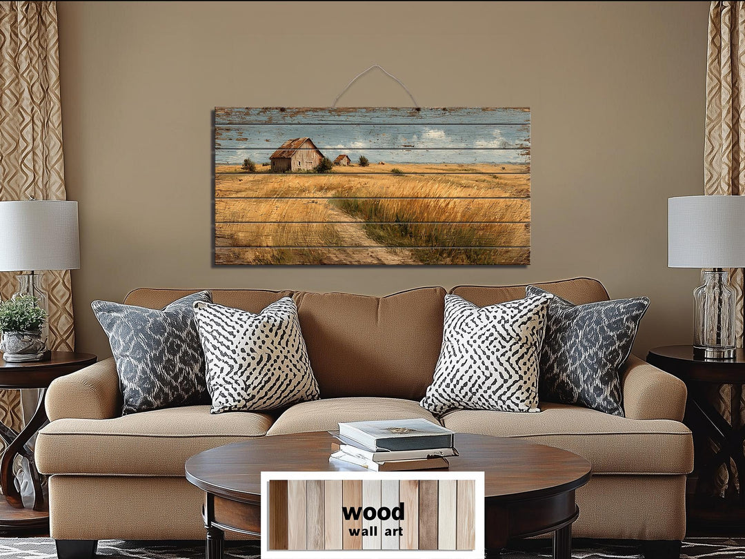 Rustic Wheat Field Barn Distressed Wood Wall Art
