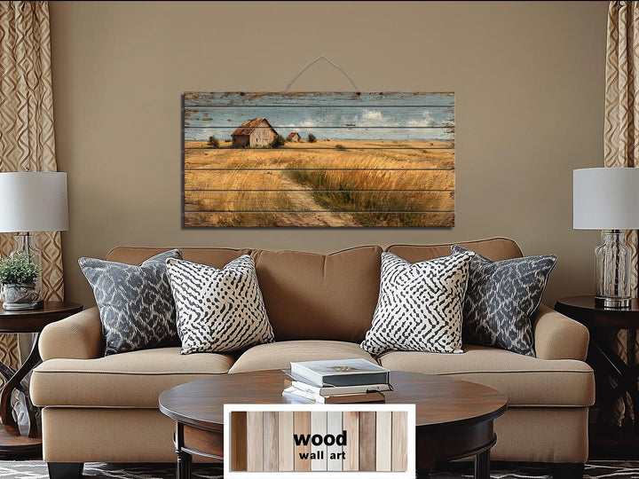 Rustic Wheat Field Barn Distressed Wood Wall Art