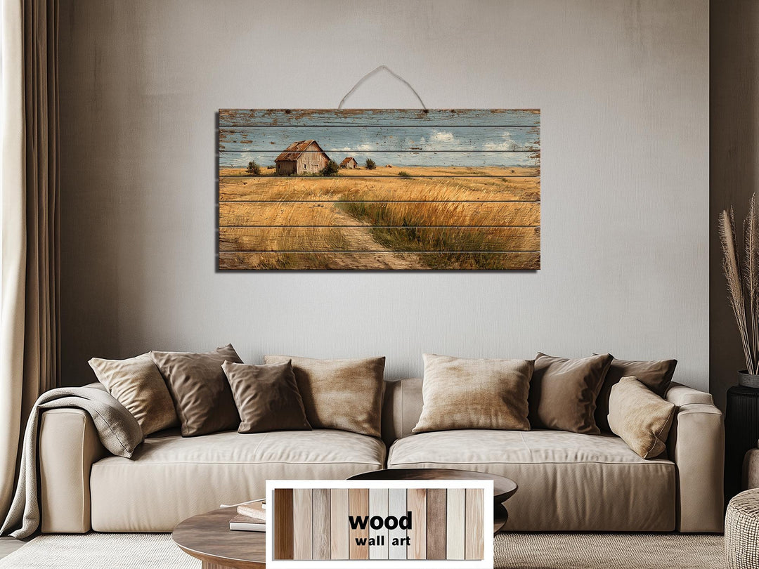 Rustic Wheat Field Barn Distressed Wood Wall Art