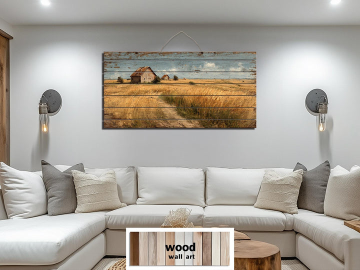Rustic Wheat Field Barn Distressed Wood Wall Art