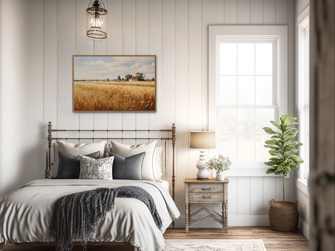 Rustic Wheat Field Landscape Farmhouse Framed Canvas Wall Art