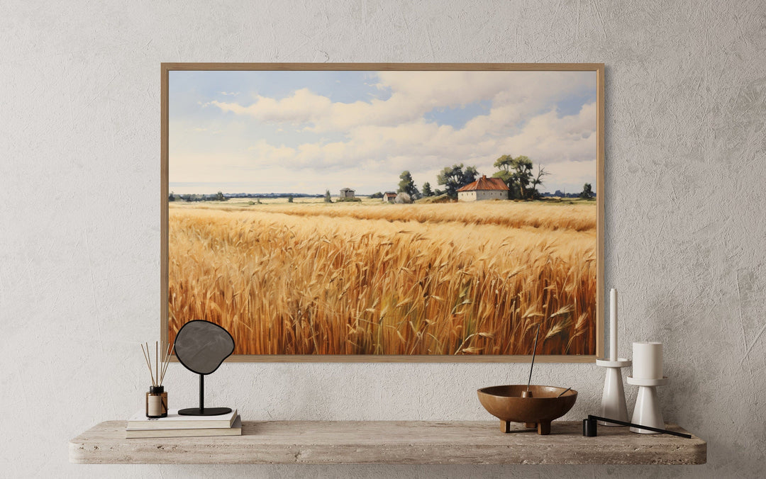 Rustic Wheat Field Landscape Farmhouse Framed Canvas Wall Art