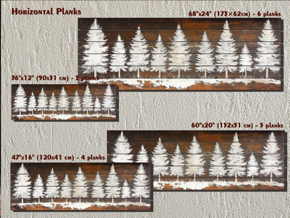 Rustic white pine tree silhouettes on horizontal wood planks in four different size options.