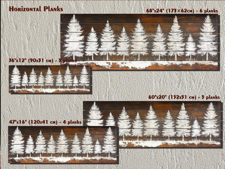 Rustic white pine tree silhouettes on horizontal wood planks in four different size options.