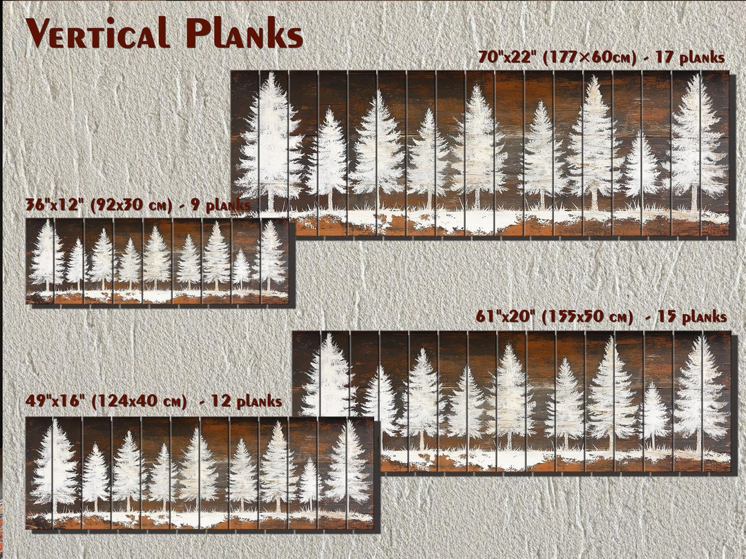 Rustic white pine tree silhouettes on distressed wood planks in four horizontal size options.