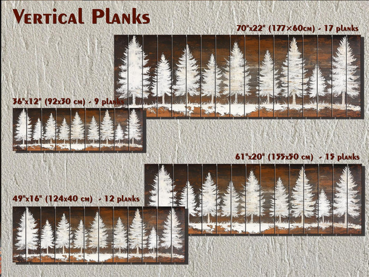 Rustic white pine tree silhouettes on distressed wood planks in four horizontal size options.