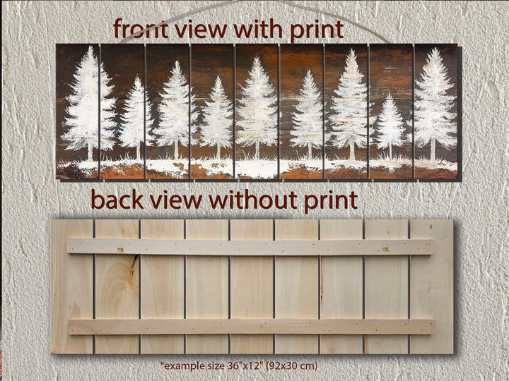 Rustic white pine tree silhouettes printed on a long, narrow distressed wood plank wall art piece.