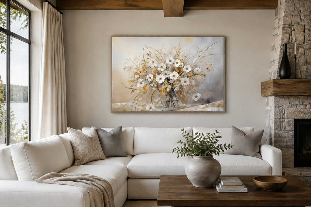 Rustic white wildflowers bouquet framed canvas wall art in a neutral farmhouse living room.