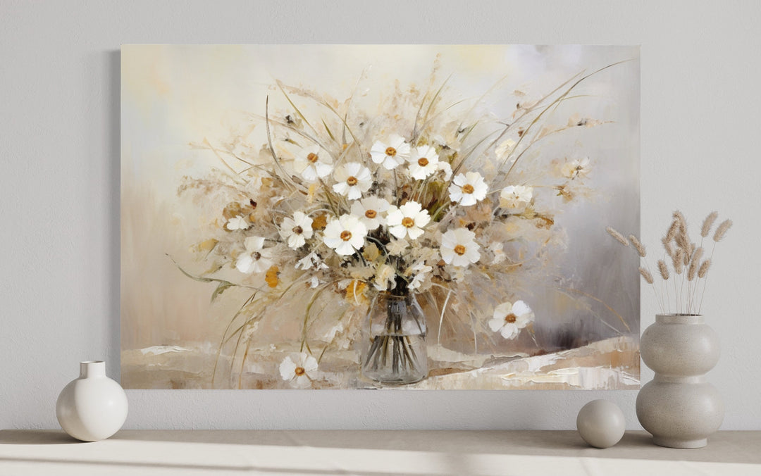 Rustic white wildflowers bouquet canvas wall art in a neutral palette for farmhouse decor.