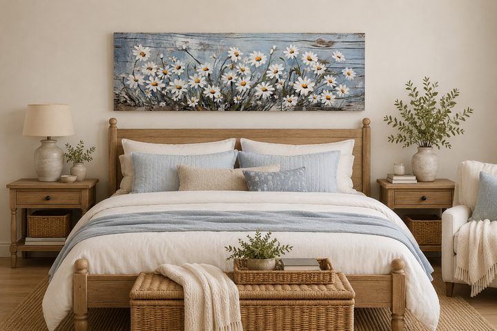Rustic white daisy wildflowers painted on blue wood long horizontal wall art above a bed.
