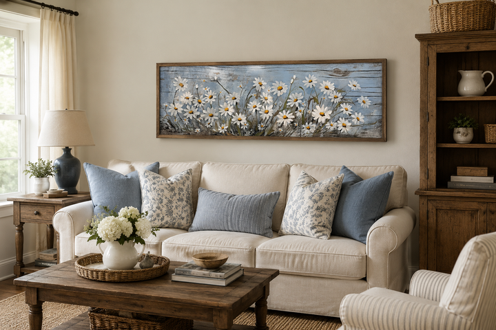 Rustic long horizontal wall art of white daisies painted on blue wood above a cream sofa.
