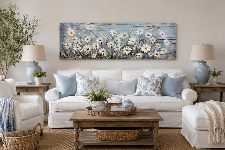 Rustic white daisies painted on blue wood long horizontal wall art hanging above a white sofa.