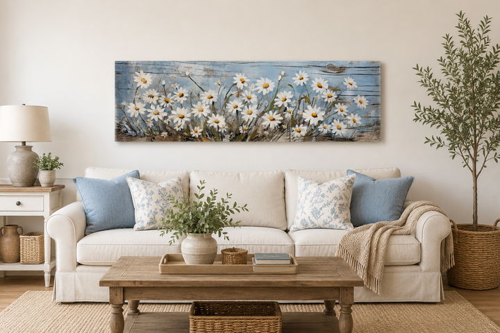 Rustic white daisies painted on a blue wood-textured long horizontal canvas above a white sofa.