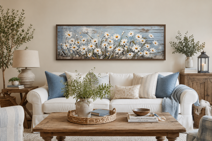 Rustic white daisies painted on blue wood long horizontal wall art framed above a white sofa.