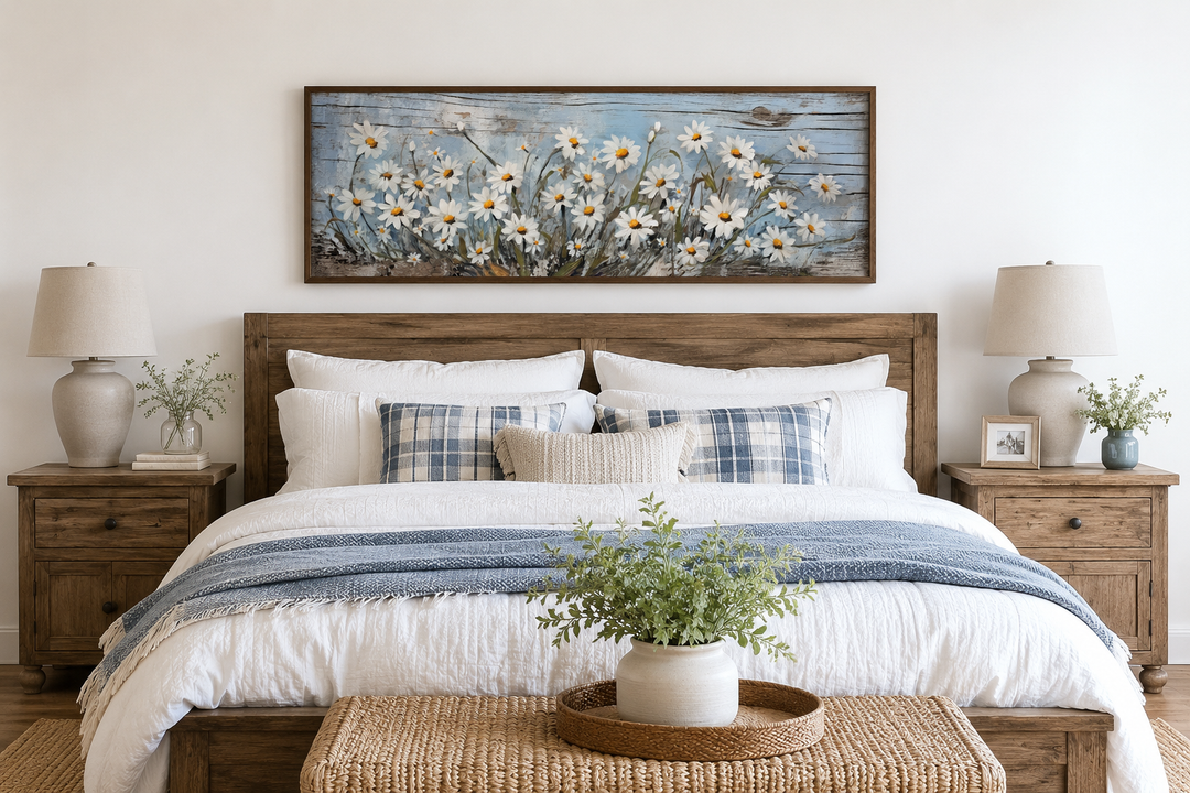Rustic white daisies painted on blue wood long horizontal wall art framed above a bed.