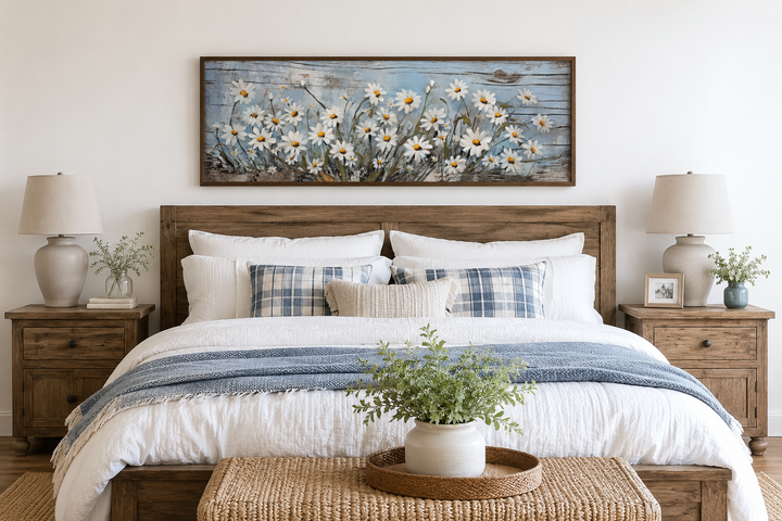 Rustic white daisies painted on blue wood long horizontal wall art framed above a bed.